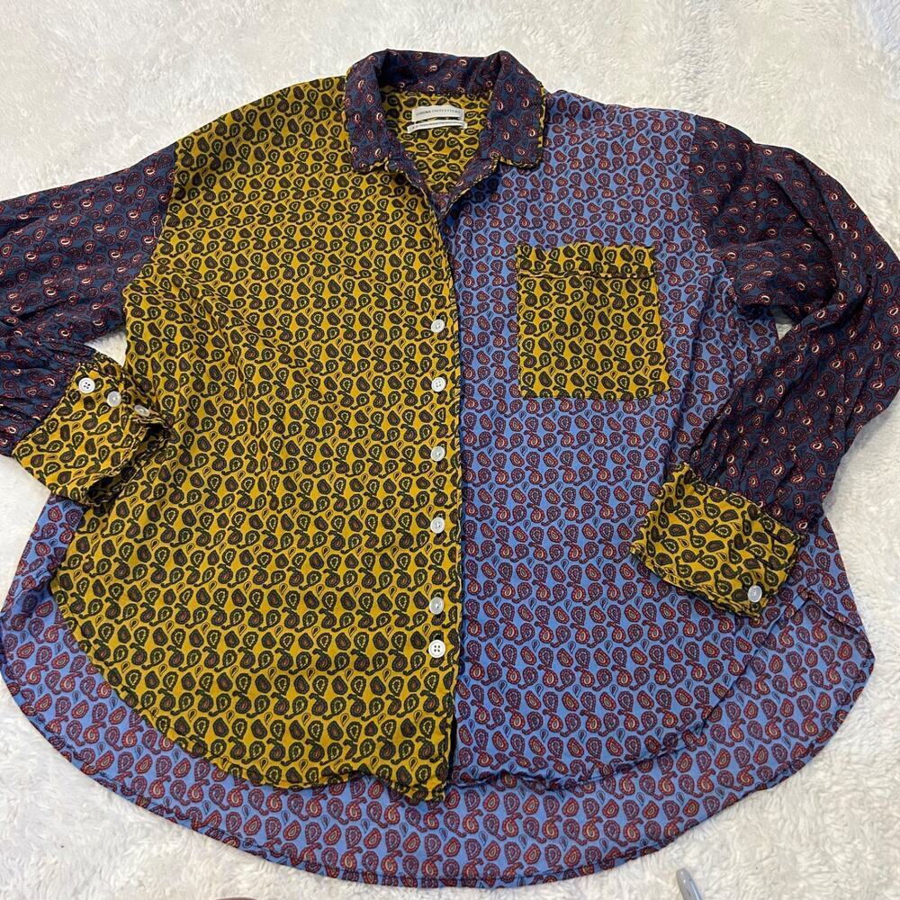 Urban Outfitters Women Button Down Top Yellow Colorblock Paisley Casual Sz Small - Picture 2 of 6
